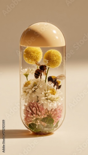 Conceptual Photography of Bees Inside Transparent Capsule Surrounded by Vibrant Flowers Symbolizing Nature Medicine Health and Pollination in Surreal Creative Art