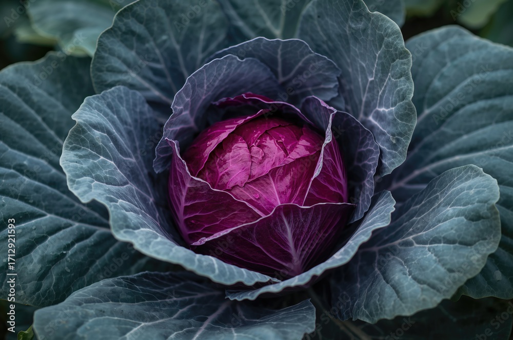 Fototapeta premium Garden-grown red cabbage nearing harvest with broad green foliage amidst a summer vegetable patch. Close-up on Brassica oleracea variety.