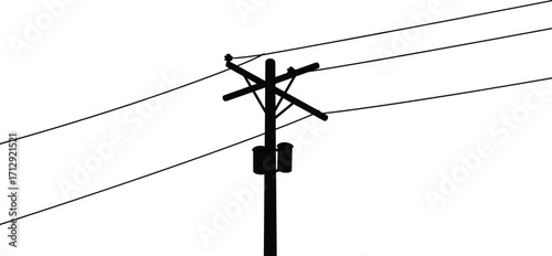 Utility pole silhouette, power line infrastructure, black and white illustration, electrical distribution system, urban energy network, transformer design, engineering concept