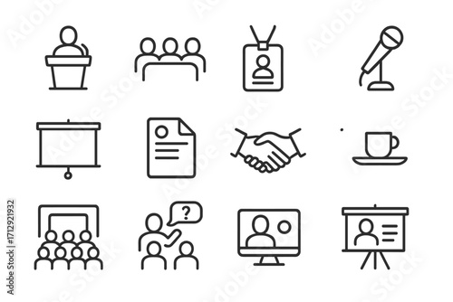 Speaker screen microphone icon networking projection conference vector agenda seated podium set