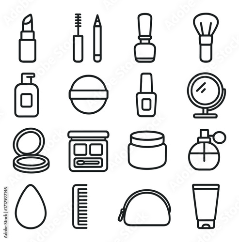 Line art icons of makeup and beauty essentials on dark background