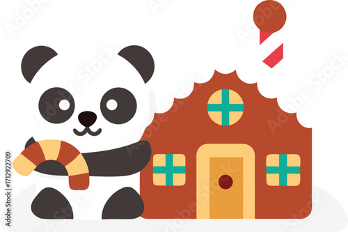 Cute panda holding candy cane next to gingerbread house