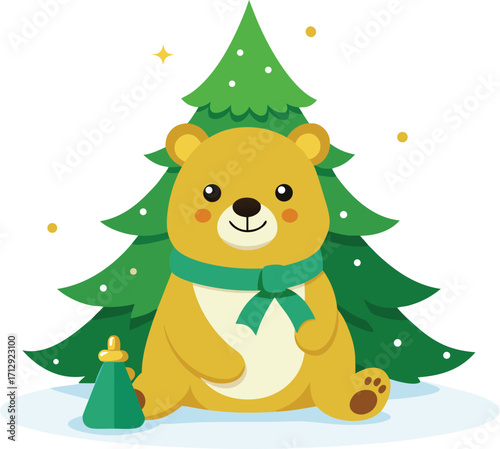 Cute cartoon bear wearing a scarf sitting by a christmas tree