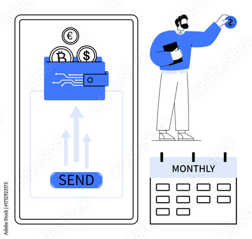 Digital wallet interface with currency symbols, Send button, man holding dollar coin, and monthly calendar. Ideal for payment management, financial apps, fintech, budgeting, transactions saving