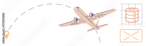Airplane flying along a dashed route with navigation marker, email envelope, and data storage grid icon. Ideal for travel, logistics, communication, data transfer, aviation, process automation
