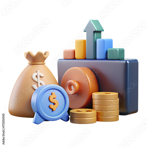 Finance and investment icons money bag growth chart safe coins and clock representing financial growth illustration