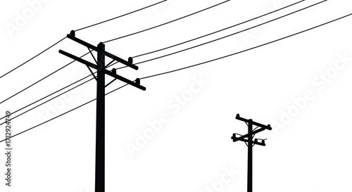 Utility pole silhouettes, power line tension design, black and white illustration, electrical infrastructure, urban energy system, engineering layout, cable structure