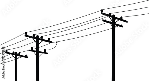 Utility pole silhouettes, staggered power line design, black and white illustration, electrical infrastructure, energy grid layout, engineering perspective