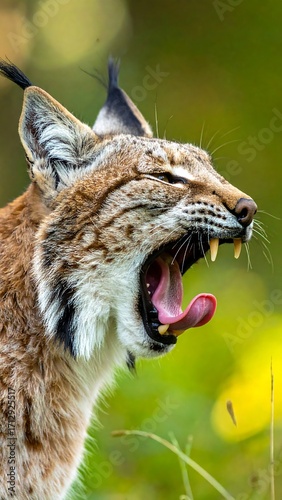 Close-up of a lynx's head with open mouth