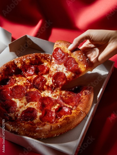 Close-up of fresh pepperoni pizza in box with hand taking a slice, symbolizing comfort food, indulgence, and casual dining, perfect for restaurant menus, fast food ads, and lifestyle promotions