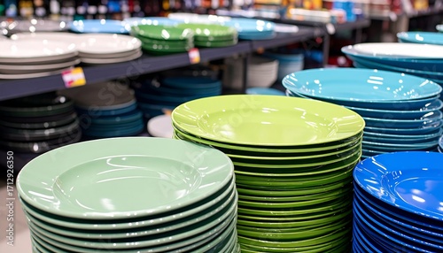 Stacks of colorful plates on store shelves