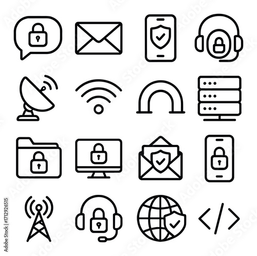 Secure communication and data protection icons including wi-fi, lock, and server symbols