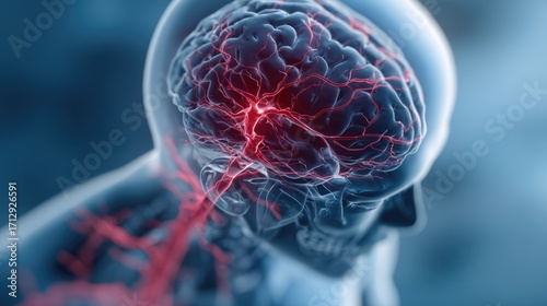 Medical illustration of brain stroke with the affected area highlighted in red colour. Neural connections in human brain. Healthcare and therapy concept