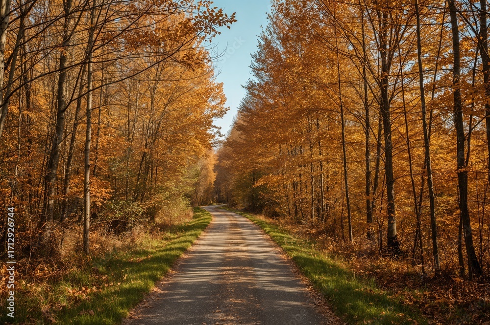 Naklejka premium Trail through a fall woodland scene, journey into a natural meadow, promoting tranquility with an eco-friendly setting, ideal for wellness and a liberated way of living