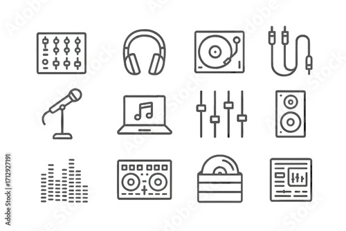 Gear headphones record vector nightclub laptop icon microphone music cables equalizer dj