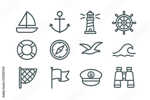 Collection net marine captain icon sailboat lighthouse vector anchor wheel flag seagull