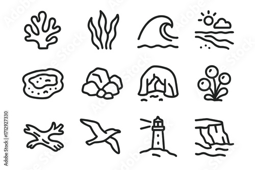 Seaweed reef flying vector tide rocky environment icons marine coastal algae coral