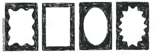 Rectangular and oval frame with scalloped edges. Set of drawing wavy elegant outline frame Crayon chalk elements.