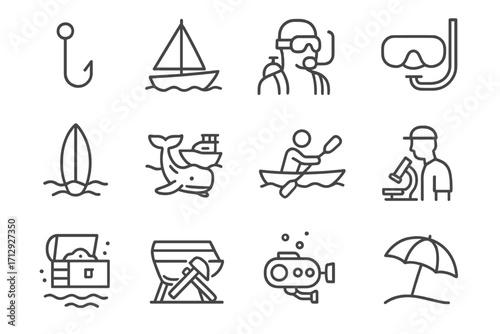 Repair activities surfing research icon watching icons umbrella exploration boat marine treasure