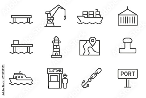 Icons port anchor checkpoint pier crane bollard vector cargo icon marine tower