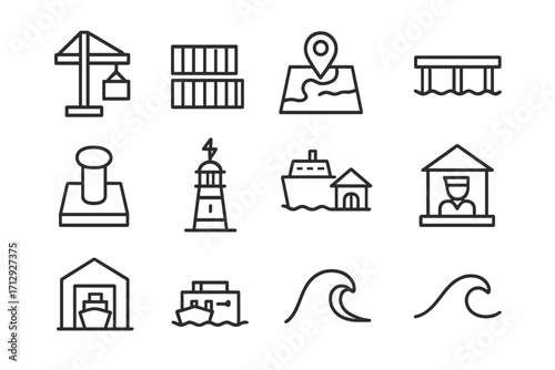 Marine harbor collection ferry wave crane icon dock vector mooring post customs