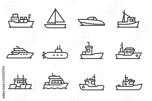 Patrol boat icon sailboat yacht marine ship catamaran submarine vessel vector icons