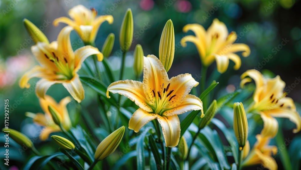 Obraz premium Beautiful yellow lily flowers in a lush garden scene with a colorful background