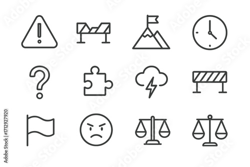 Flag peak thundercloud challenges obstacle icons mark leadership warning icon barrier sign