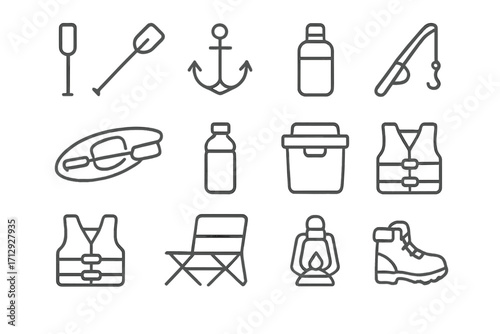 Hiking paddle boots vector fishing anchor icons kayak icon chair equipment lake