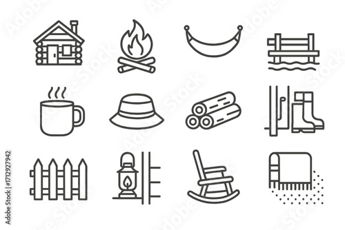 Vector wooden fishing mug lake lantern fence line cabin fire icon