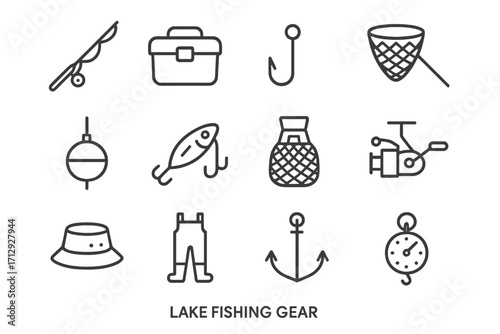 Icons fish vector gear catch hook fishing basket lure tackle icon net