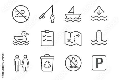 Danger bin swimming lake vector icons depth activity dock boat icon restroom
