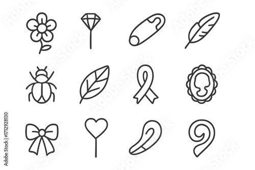 Icon heart safety pin feather elegant bow motif vector brooch vintage