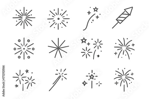 Celebratory round icon sparks rocket vector firework launch trail set explosion