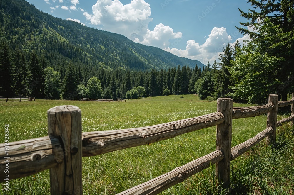 Fototapeta premium Wooden barrier dividing the meadow and woodland in a mountainous area