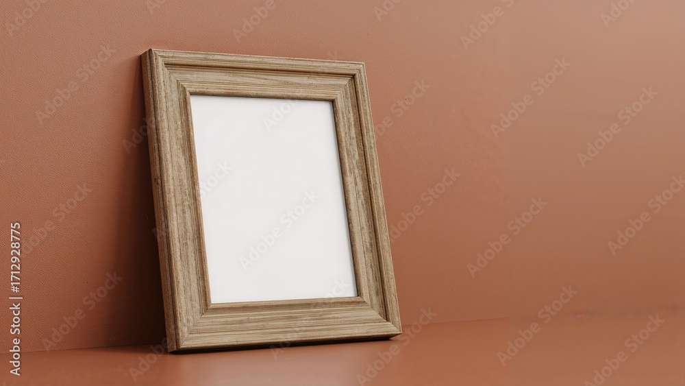Fototapeta premium 3D vertical image showing an empty wooden picture frame leaning on a wooden shelf.