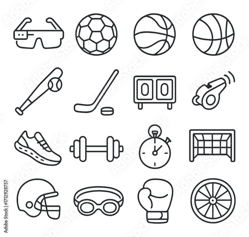 Sports equipment icons: baseball, soccer, basketball, and more