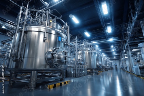Industrial Equipment with Stainless Steel Tanks and Pipelines in Modern Manufacturing Facility Under Blue Lighting