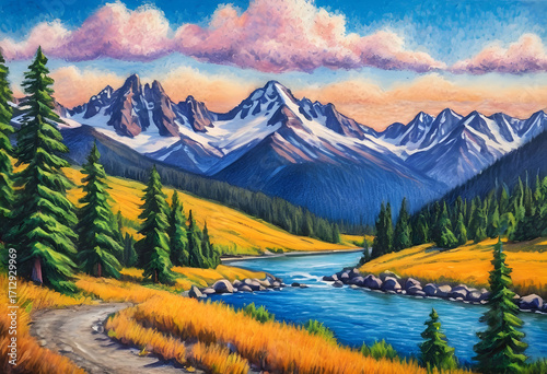 Oil pastels painting of lake in the mountains in the autumn