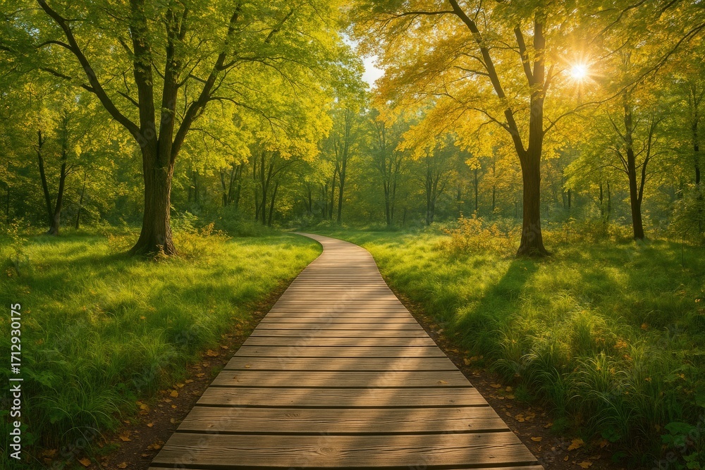 Fototapeta premium Timber trail meandering in dense forest