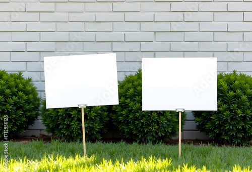 Two yard sign mockups near the wall. Two blank yard signs on green grass 