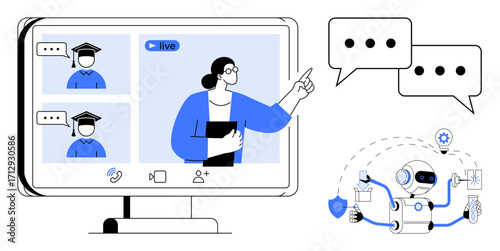 Teacher conducting live virtual class with students on a screen next to robot illustrating AI. Ideal for education, technology, remote learning, AI assistance, innovation, collaboration, teaching. A