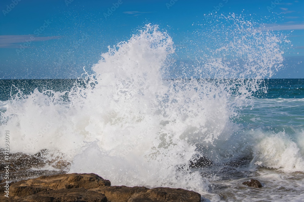 Obraz premium White frothy ocean waves crashing over dark volcanic rocks on a bright late winter morning, creating a salty mist in the air