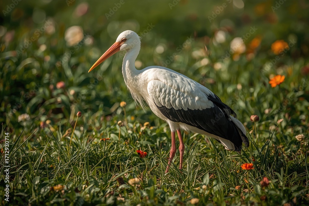 Fototapeta premium Garden scene with a white stork