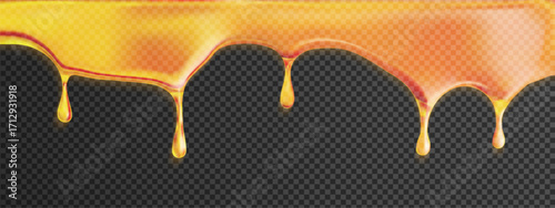 Caramel drip with molten syrup effect and honey splash texture. Realistic toffee stream or amber trickle pattern for healthy background. Smooth fruit border or tasty jelly waves for food illustration.