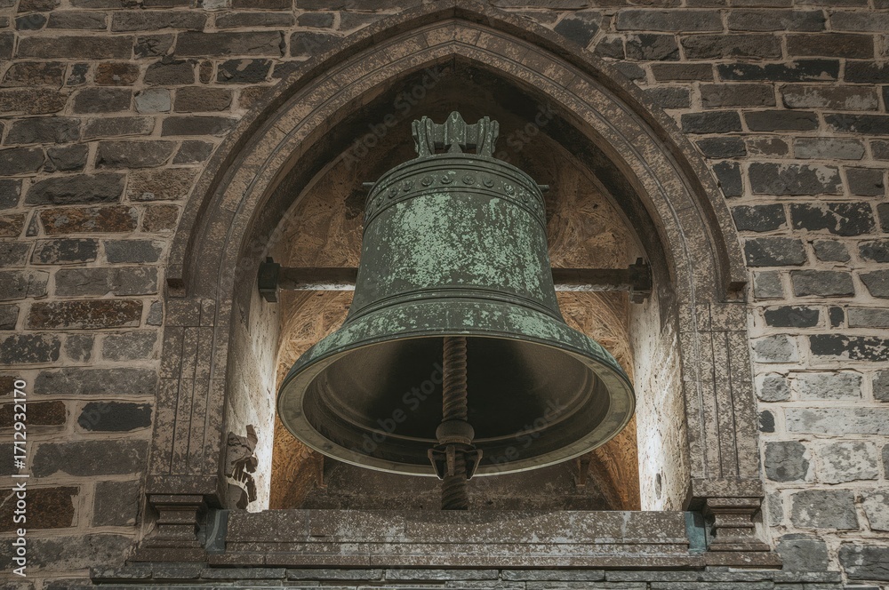 Obraz premium Ancient bell tower ruins with stunning lighting on historic stone architecture, featuring gothic religious symbols and an industrial ambiance
