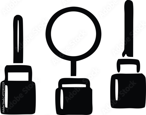 Set of three simple line art icons representing different types of brushes or cleaning tools with handles and distinct heads for various applications.