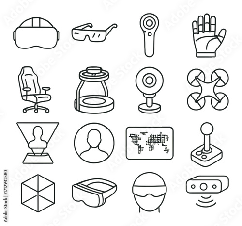 Outline of virtual reality and tech gadgets including headset, controller, drone, and camera