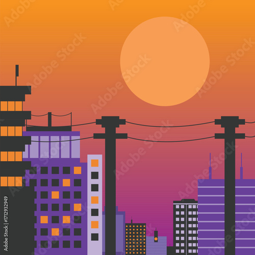 Sunset City Illustration Vector Design Simple For Wallpaper Aesthetic