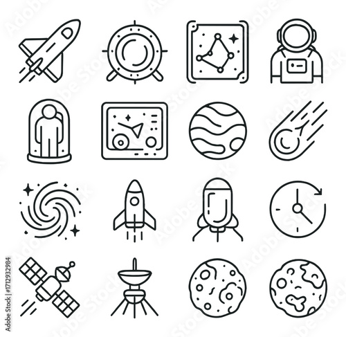 Space icons: rockets, astronaut, planets, and celestial symbols in minimal line art